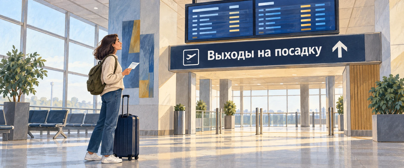 Пассажир сверяет посадочный талон с информационным экраном возле выходов на посадку.
