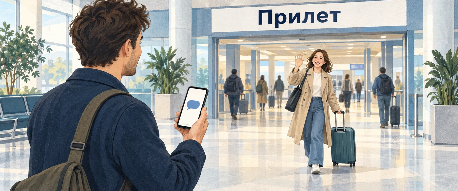 Встречающий с телефоном ждет в зале прилета, пассажир с чемоданом выходит к нему.