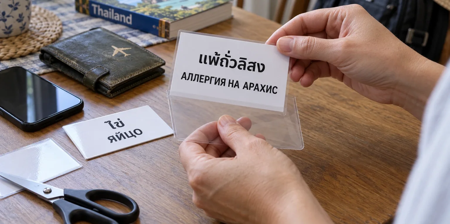 Бумажные копии карточки о пищевой аллергии и смартфон перед поездкой.