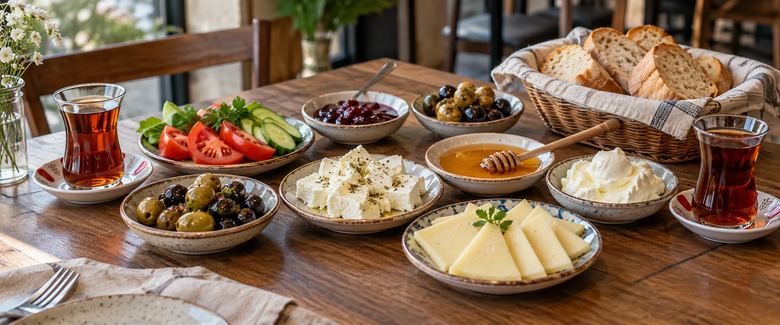 Турецкий завтрак с маленькими тарелками закусок, хлебом и чаем