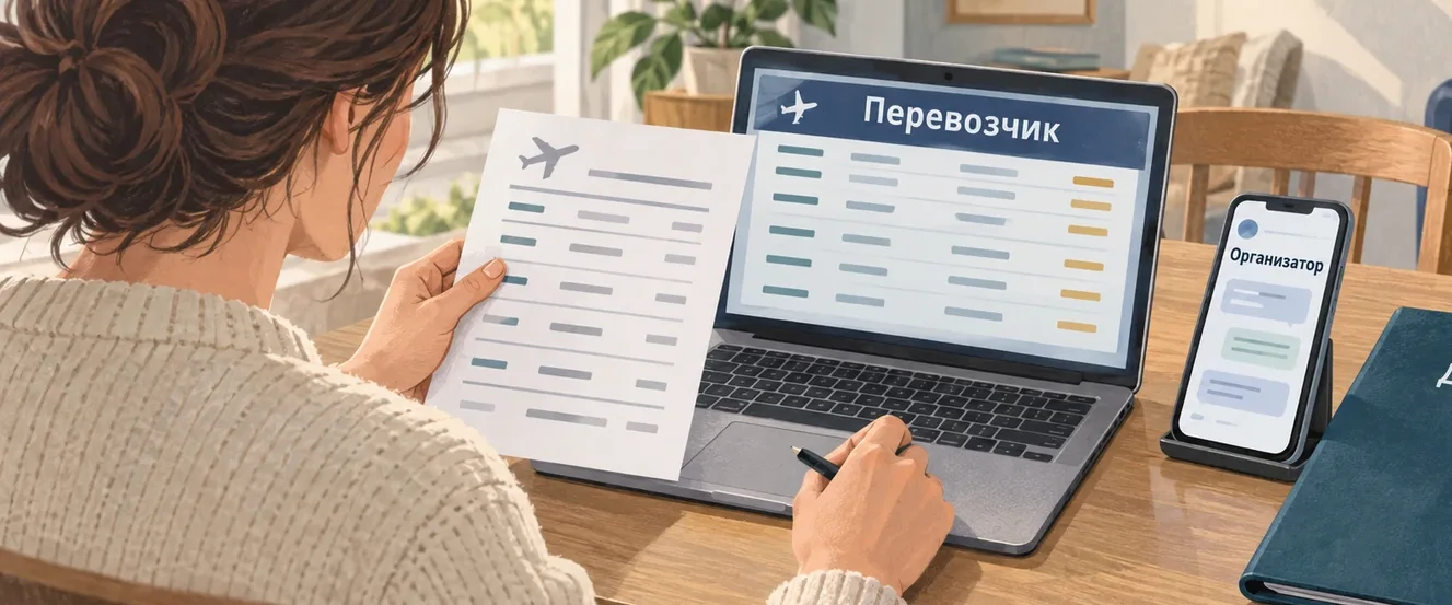 Путешественник сверяет документы тура с табло перевозчика и сообщением организатора поездки.