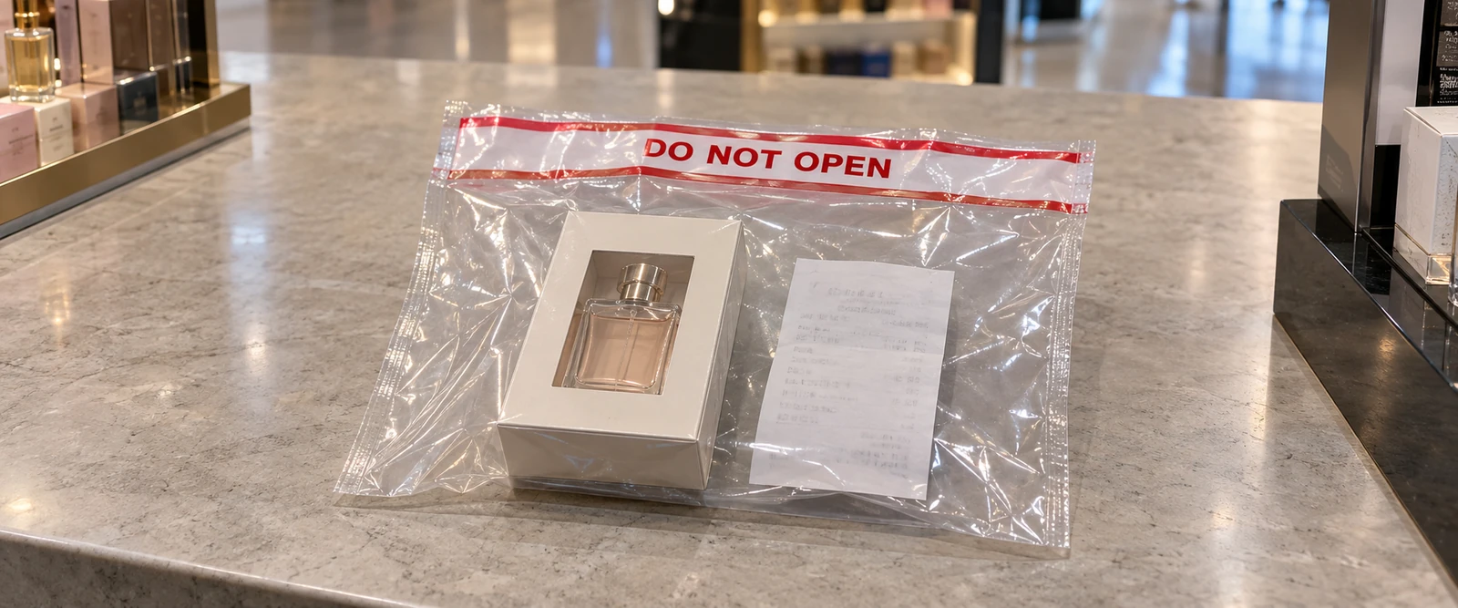 Парфюм и чек в запечатанном защитном пакете duty free