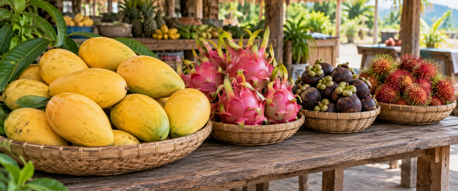 Манго, питайя, мангостины и рамбутаны в корзинах